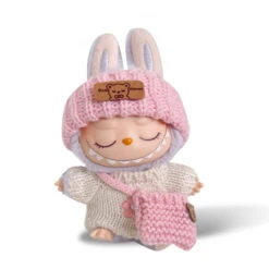 Fashion Dress - Pink Knitted Hat + White Floral Sweater + Pink Knitted Bag